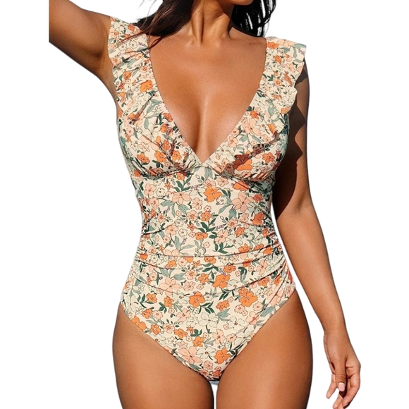 CUPSHE One Piece Swimsuit Ruffled Lace Up Monokini V-neck  Women S - Picture 3 of 6
